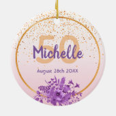 50歳の誕生日バラ金ゴールド紫花模様 セラミックオーナメント (裏面)