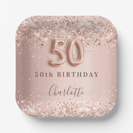 50歳の誕生日バラ金ゴールド赤面グリッター名 ペーパープレート (正面)