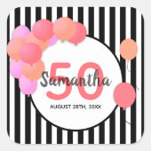 50歳の誕生日バルーンアーチ白い黒ストライプ色 スクエアシール (正面)