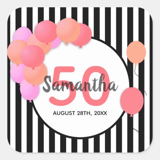 50歳の誕生日バルーンアーチ白い黒ストライプ色 スクエアシール (正面)
