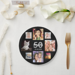 50歳の誕生日パーティフォトコラージュ女性ブラック ペーパープレート