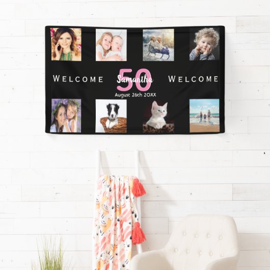 50歳の誕生日パーティフォトコラージュ女性ブラック 横断幕 (インサイチュ)