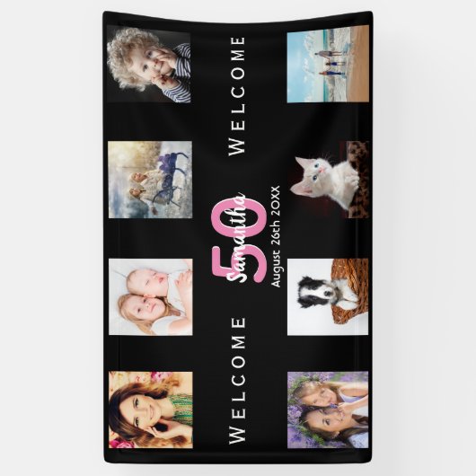 50歳の誕生日パーティフォトコラージュ女性ブラック 横断幕 (縦)