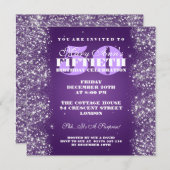 50歳の誕生日パーティーのきらめくグリッター紫 招待状 (正面/裏面)
