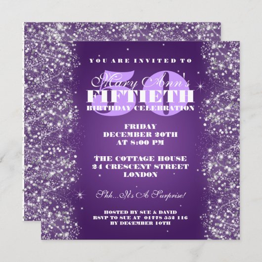 50歳の誕生日パーティーのきらめくグリッター紫 招待状 (正面/裏面)