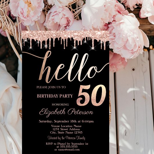 50歳の誕生日パーティーのためのラメ垂れ加工 ローズゴールド 招待状