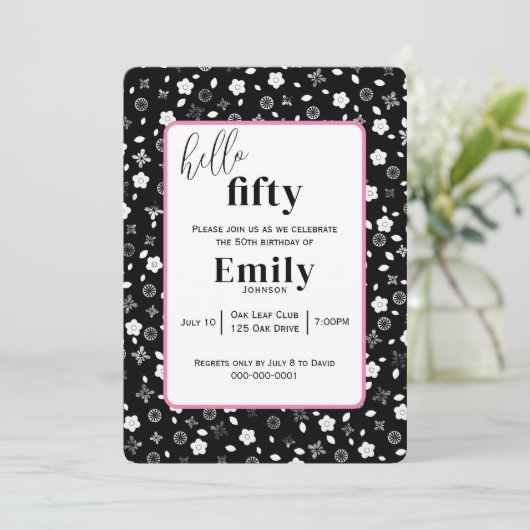 50歳の誕生日パーティーのための白黒のポシー 招待状 (スタンド正面)