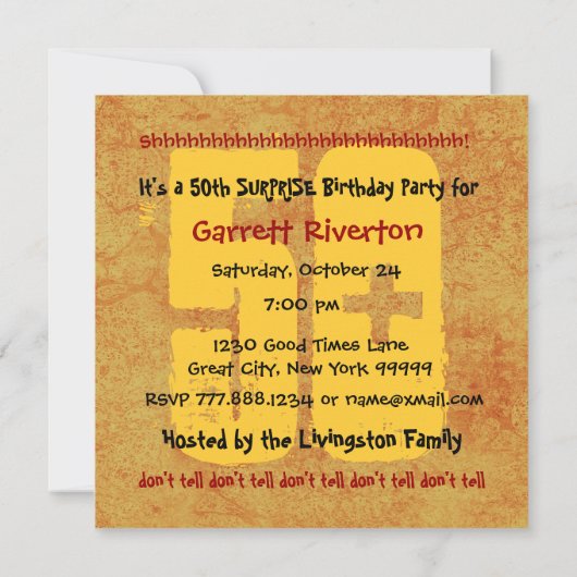 50歳の誕生日パーティーのグランジ金ゴールドW1443A 招待状 (裏面)