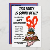 50歳の誕生日パーティーのケーキが燃えているマイルストーン写真 招待状 (正面/裏面)