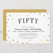 50歳の誕生日パーティーのスタイリッシュ金ゴールド紙吹雪 招待状 (正面/裏面)