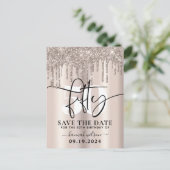 50歳の誕生日パーティーのスパークリーなグリッターをセーブ・ザ・デート ポストカード (スタンド正面)