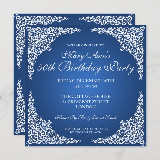 50歳の誕生日パーティーのヴィンテージがサファイアブルーに旋回 招待状 (正面/裏面)