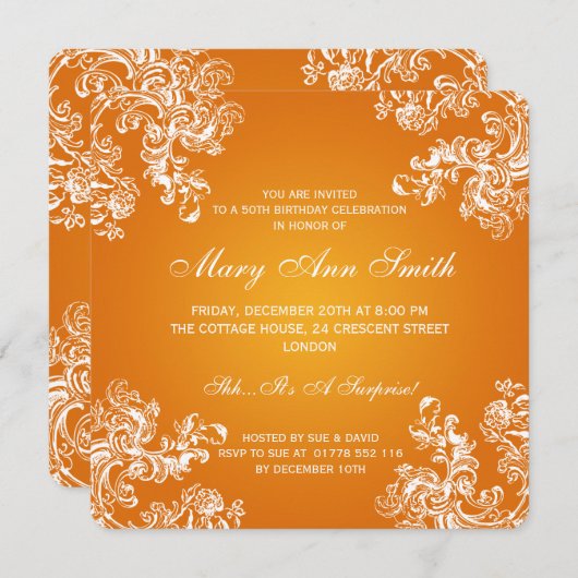 50歳の誕生日パーティーのヴィンテージが2オレンジに旋回 招待状 (正面/裏面)