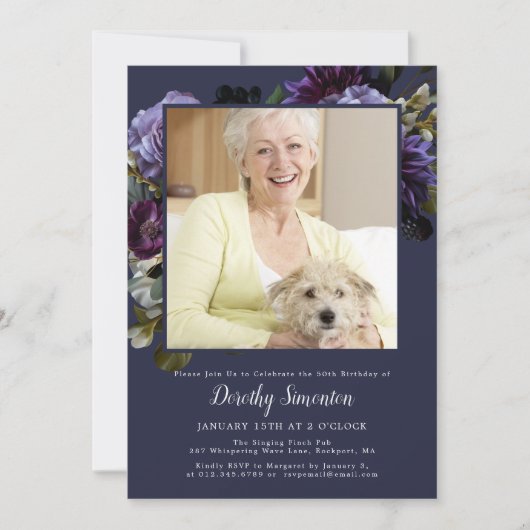 50歳の誕生日パーティーの写真 ムーディーパープルの花 招待状 (正面)