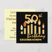 50歳の誕生日パーティーの招待金ゴールドキャンドル 招待状 (正面/裏面)