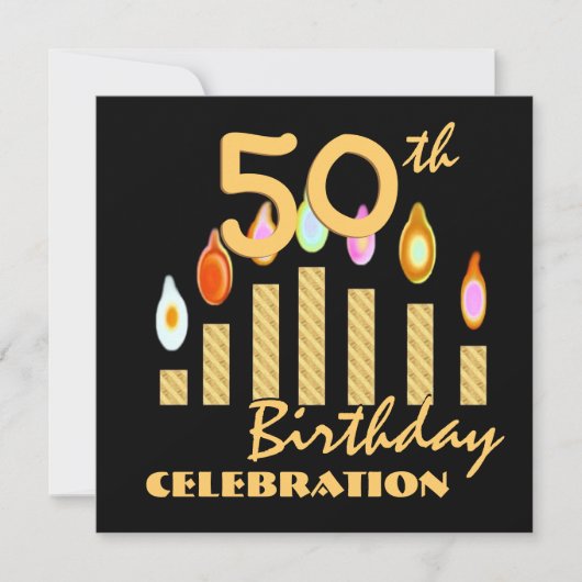 50歳の誕生日パーティーの招待金ゴールドキャンドル 招待状 (正面)