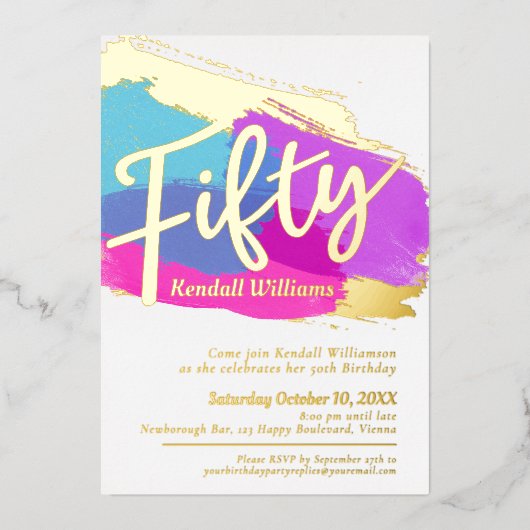 50歳の誕生日パーティーの金ゴールドフォイルフォト抽象芸術アート 箔招待状 (正面)
