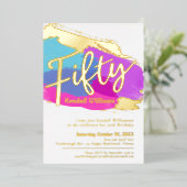 50歳の誕生日パーティーの金ゴールドフォイルフォト抽象芸術アート 箔招待状 (立ち正面)