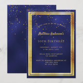 50歳の誕生日パーティーの青と金のコンフェッティスプレー 招待状 (正面/裏面)
