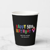 50歳の誕生日パーティーの黒気球パーソナライズされた団 紙コップ (裏面)