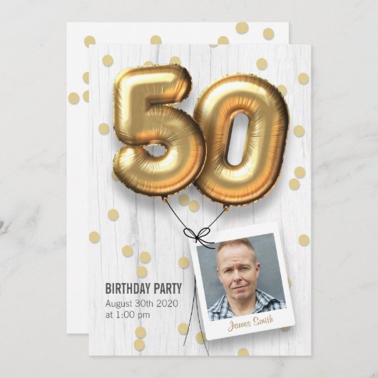 50歳の誕生日パーティーへの招待アダルト金ゴールド気球 招待状 (正面/裏面)