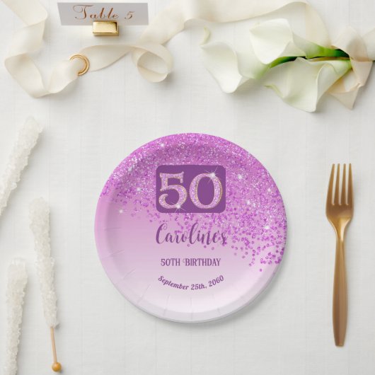 50歳の誕生日パーティースパークルピンクグリッター ペーパープレート (ウェディング)