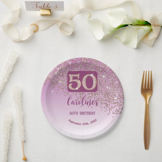 50歳の誕生日パーティースパークルローズゴールドラメ ペーパープレート (ウェディング)