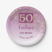 50歳の誕生日パーティースパークルローズゴールドラメ ペーパープレート (正面)