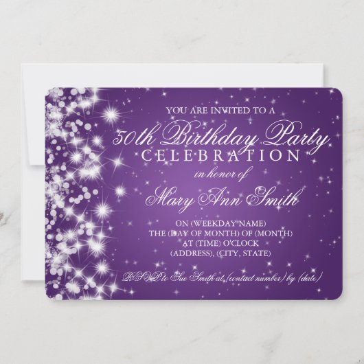 50歳の誕生日パーティースパークル2パープル 招待状 (正面)