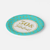 50歳の誕生日パーティーターコイズ白金ゴールド点  ペーパープレート (アングル)