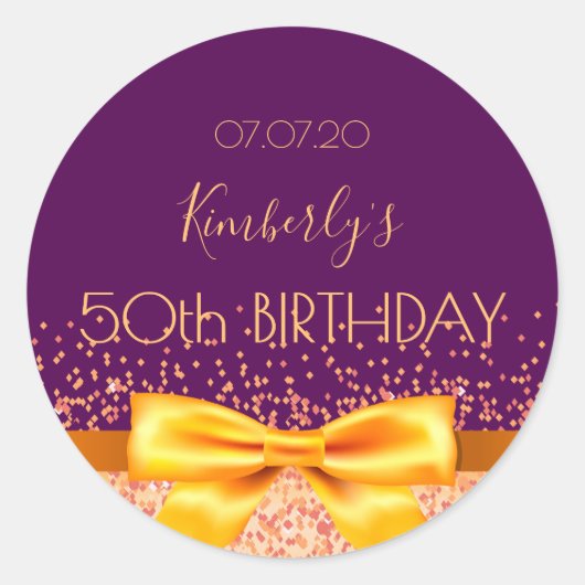 50歳の誕生日パーティーパープルバラ金ゴールド ラウンドシール (正面)