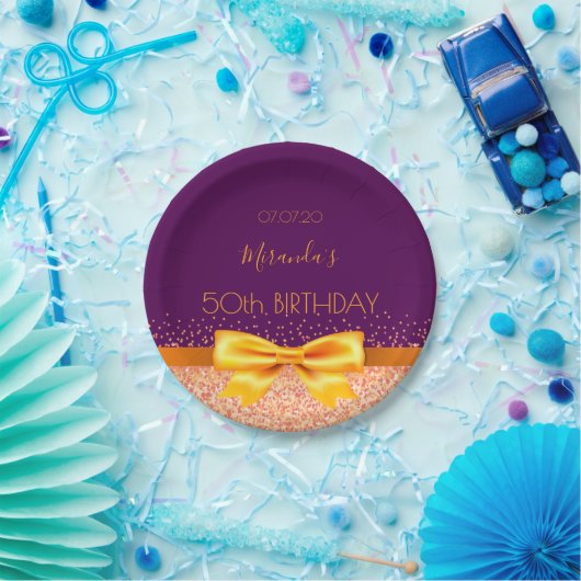 50歳の誕生日パーティーパープル金ゴールドボウエレガント ペーパープレート (パーティー)