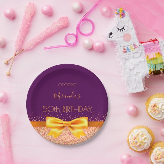 50歳の誕生日パーティーパープル金ゴールドボウエレガント ペーパープレート (パーティー)
