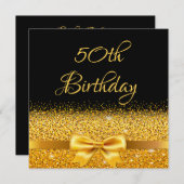 50歳の誕生日パーティーブラック金ゴールドバウ輝く釉薬 招待状 (正面/裏面)