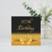 50歳の誕生日パーティーブラック金ゴールドバウ輝く釉薬 招待状 (スタンド正面)