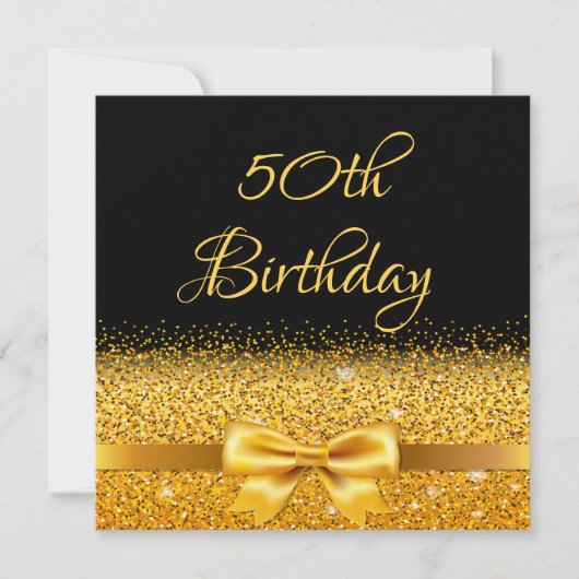 50歳の誕生日パーティーブラック金ゴールドバウ輝く釉薬 招待状 (正面)