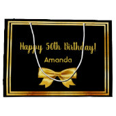 50歳の誕生日パーティーブラック金ゴールドボウエレガント ラージペーパーバッグ (裏面)