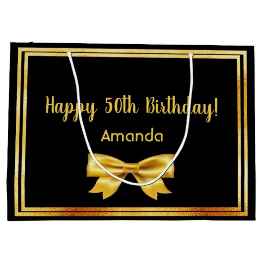 50歳の誕生日パーティーブラック金ゴールドボウエレガント ラージペーパーバッグ (裏面)