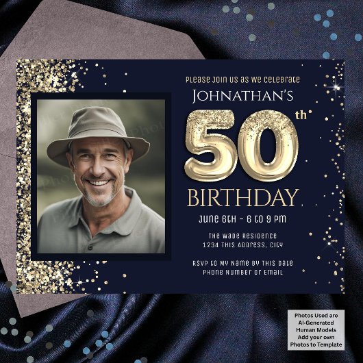 50歳の誕生日パーティーブルーゴールドラメ 招待状