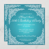 50歳の誕生日パーティーヴィンテージ旋回ターコイズ 招待状 (正面/裏面)