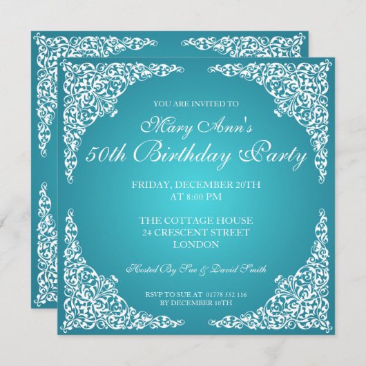 50歳の誕生日パーティーヴィンテージ旋回ターコイズ 招待状 (正面/裏面)
