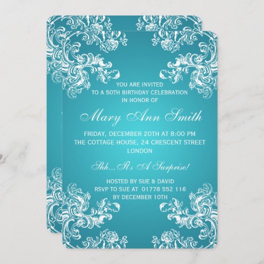 50歳の誕生日パーティーヴィンテージ旋回2ターコイズ 招待状 (正面/裏面)