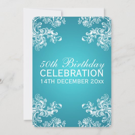 50歳の誕生日パーティーヴィンテージ旋回2ターコイズ 招待状 (裏面)