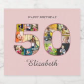 50歳の誕生日パーティー写真コラージュほこりっぽい赤面ピンク スパークリングワインラベル (シングルラベル)