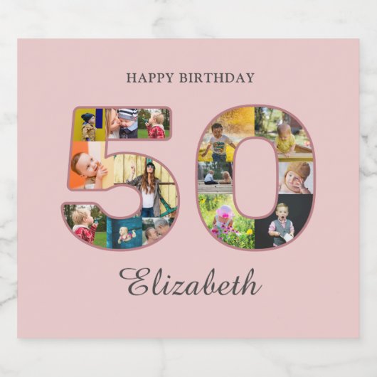 50歳の誕生日パーティー写真コラージュほこりっぽい赤面ピンク スパークリングワインラベル (シングルラベル)