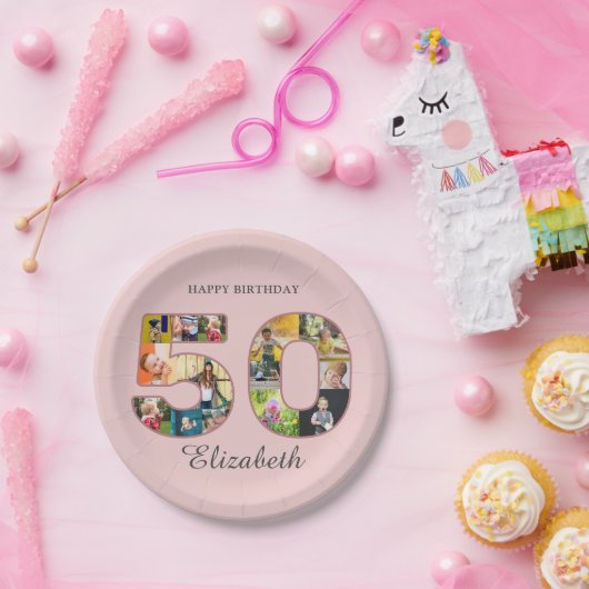 50歳の誕生日パーティー写真コラージュほこりっぽい赤面ピンク ペーパープレート (パーティー)