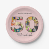 50歳の誕生日パーティー写真コラージュほこりっぽい赤面ピンク ペーパープレート (正面)