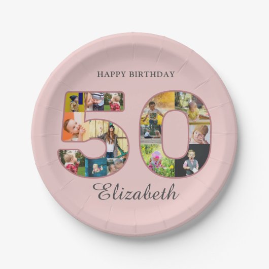 50歳の誕生日パーティー写真コラージュほこりっぽい赤面ピンク ペーパープレート (正面)