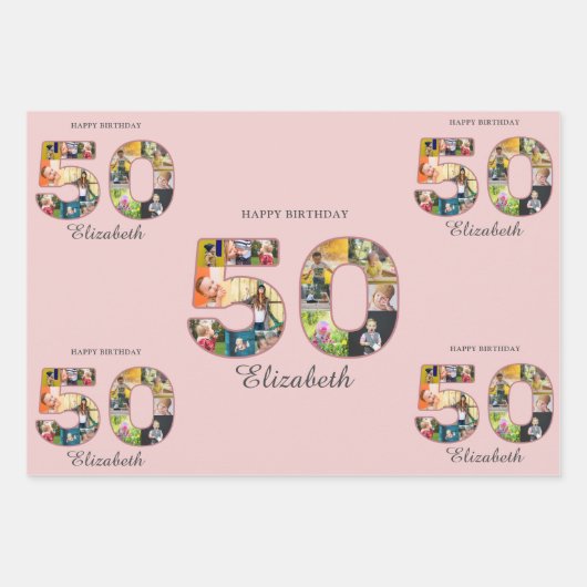 50歳の誕生日パーティー写真コラージュほこりっぽい赤面ピンク ラッピングペーパーシート (正面2)