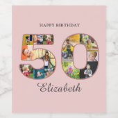 50歳の誕生日パーティー写真コラージュほこりっぽい赤面ピンク ワインラベル (シングルラベル)